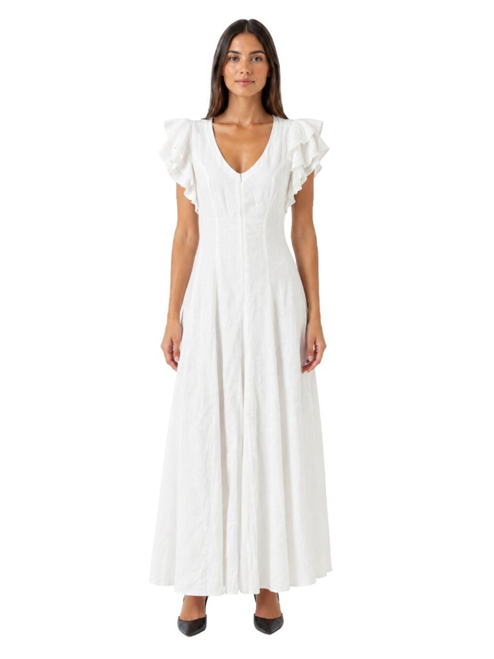 LUEL Linenwear White Linen Maxi Dress Ruffle Sleeve Cottagecore Sz 6 EU 38 Lng